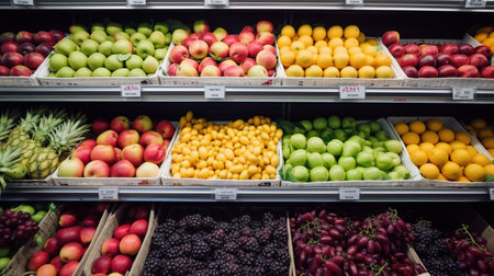Colorful Array of Fresh Fruits on Display at Local Greengrocer. Generative AIの素材