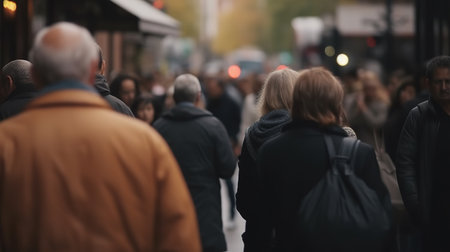 City Life in Motion. A Bokeh Blur of People Walking through the Busy Streets. Generative AIの素材