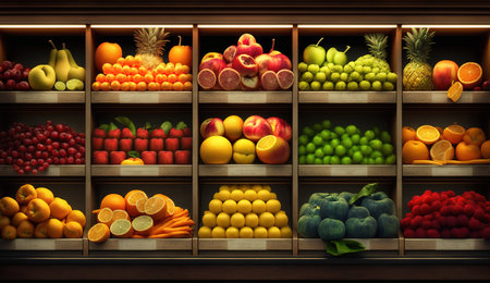 Colorful Array of Fresh Fruits on Display at Local Greengrocer. Generative AIの素材