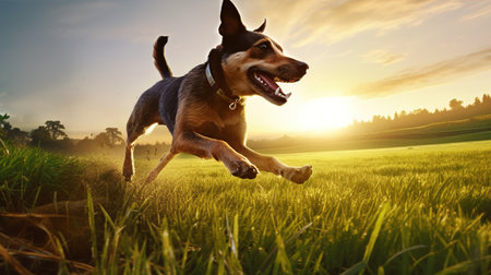 A Happy Dog Leaping with Delight across the Sunlit Field. Generative AIの素材