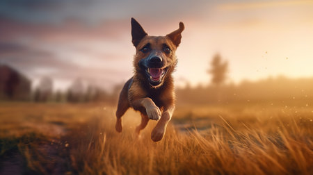 A Happy Dog Leaping with Delight across the Sunlit Field. Generative AIの素材