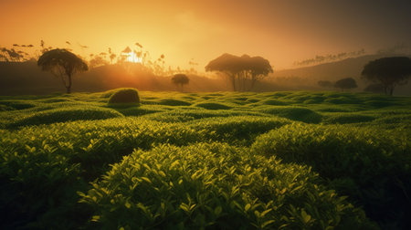 Beauty of Sunlit Tea Fields in a Serene and Tranquil Rural Landscape. generative aiの素材