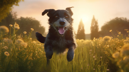 A Happy Dog Leaping with Delight across the Sunlit Field. Generative AIの素材