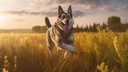 A Happy Dog Leaping with Delight across the Sunlit Field. Generative AIの素材