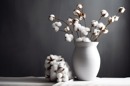 A Serene Still Life of Cotton Branches in a White Vase. Generative AIの素材