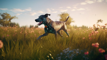 A Happy Dog Leaping with Delight across the Sunlit Field. Generative AIの素材
