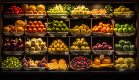 Colorful Array of Fresh Fruits on Display at Local Greengrocer. Generative AIの素材