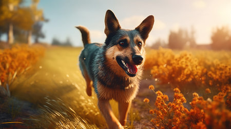 A Happy Dog Leaping with Delight across the Sunlit Field. Generative AIの素材