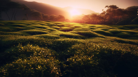 Beauty of Sunlit Tea Fields in a Serene and Tranquil Rural Landscape. generative aiの素材
