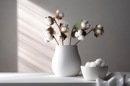 A Serene Still Life of Cotton Branches in a White Vase. Generative AIの素材