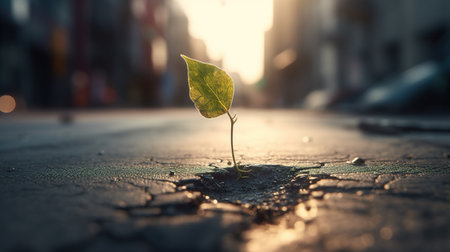 A Small Sapling Emerges Through Asphalt. Generative AIの素材