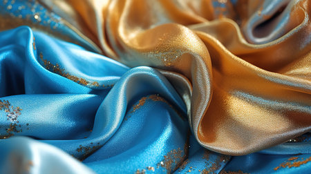 Blue, Rose Gold Silk Fabric in Wavy Shiny Abstract Background. Generative AIの素材