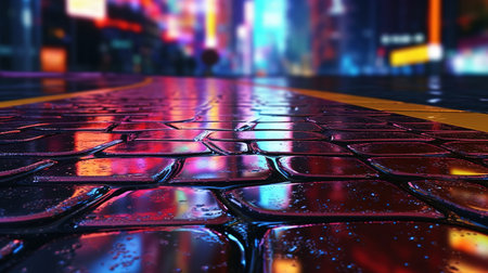 Urban Reflections of Neon Lights on Wet Asphalt Texture. Generative AIの素材