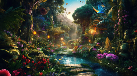 A Fantasy Forest with Glowing Trees and Luminescent Flowers. Generative AIの素材