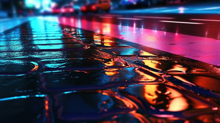 Urban Reflections of Neon Lights on Wet Asphalt Texture. Generative AIの素材