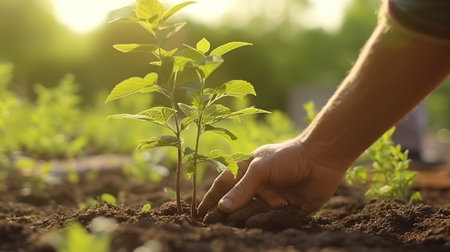 Person Planting Trees in a Community Garden to Promote Local Food Production and Habitat Restoration. Generative AIの素材