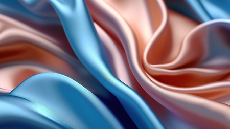 Blue, Rose Gold Silk Fabric in Wavy Shiny Abstract Background. Generative AIの素材