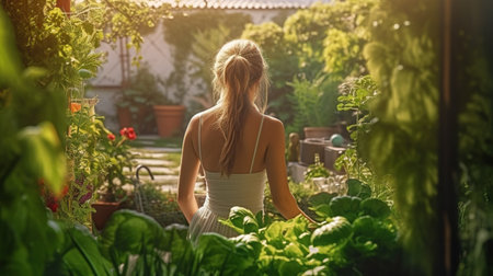 Beautiful Woman Cultivates Her Own Fresh, Organic Vegetables in a Small Garden. Generative AIの素材