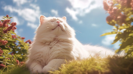 White Fat Cat Enjoying a Sunny Day. Generative AIの素材