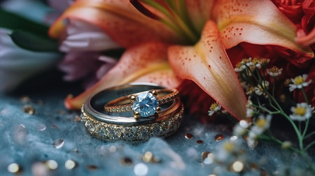 Golden wedding rings and flowers, close up. Generative AIの素材