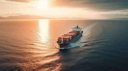 A Cargo Ship Navigating the Open Sea for International Trade and Logistic Operations. Generative AIの素材