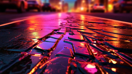 Urban Reflections of Neon Lights on Wet Asphalt Texture. Generative AIの素材