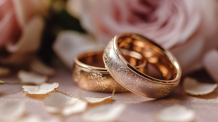 Golden wedding rings and flowers, close up. Generative AIの素材