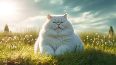 White Fat Cat Enjoying a Sunny Day. Generative AIの素材