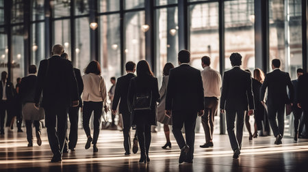 A Blur of Business People in Motion Walking through the Office. Generative AIの素材