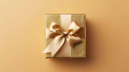 Golden Gift Box with Ribbon, Flat Lay View. Generative AIの素材
