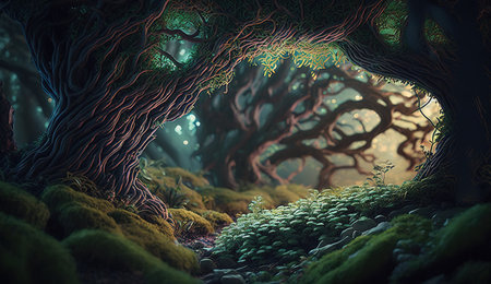 A Fantasy Forest with Glowing Trees and Luminescent Flowers. Generative AIの素材