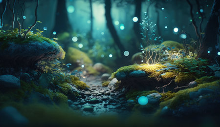 A Fantasy Forest with Glowing Trees and Luminescent Flowers. Generative AIの素材