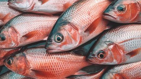 Fresh Ocean Fish in Vibrant Top View at the Fish Market. Generative AIの素材