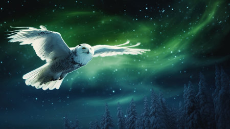 A Snowy Owl Soaring Through the Starry Night. Generative AIの素材