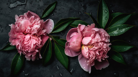 Pink Peonies on a Dark Background, Flat Lay. Generative AIの素材