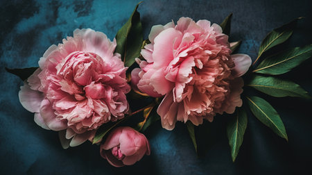 Pink Peonies on a Dark Background, Flat Lay. Generative AIの素材