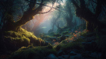 A Fantasy Forest with Glowing Trees and Luminescent Flowers. Generative AIの素材