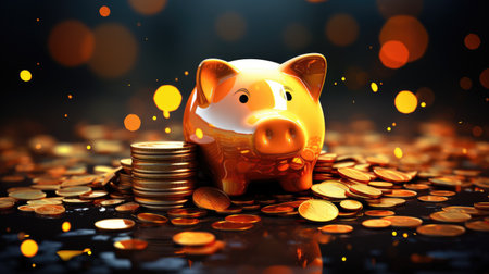 Piggybank on Coins with Glowing Bokeh Background Lightsの素材