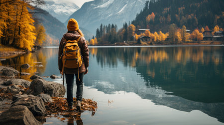 Traveler Admiring Autumn Lake Beneath Majestic Snow-Capped Mountainsの素材