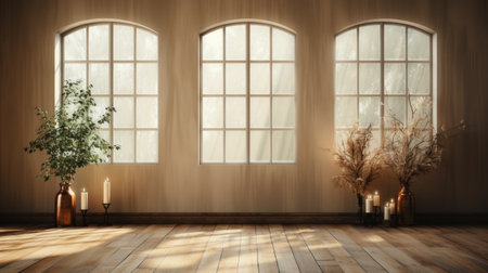 Warm Sunlight Casting Shadows on Rustic Room with Plantsの素材