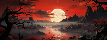 An Chinese landscape with bright red lights, in the style of gothic illustrationの素材