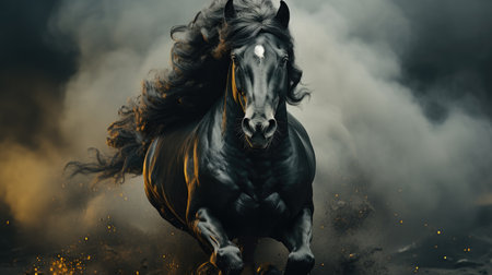 Majestic Black Horse Emerging from Ethereal Smoky Darknessの素材