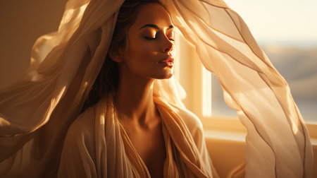 Ethereal Beauty Radiates Amidst Sunlit Flowing Silken Drapesの素材