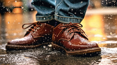 Leather Boots Splashing Through Wet Urban Rainy Streetの素材
