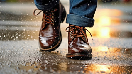 Leather Boots Splashing Through Wet Urban Rainy Streetの素材