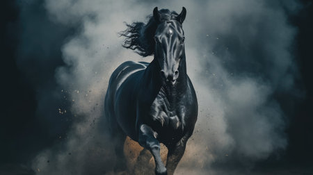 Majestic Black Horse Emerging from Ethereal Smoky Darknessの素材