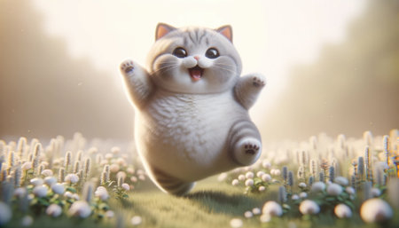 Joyful animated cat playing in vibrant meadow sunsetの素材