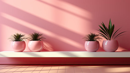 Modern Pink Interior with Tropical Plants on Displayの素材