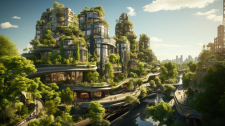 Futuristic City Merges Greenery with Modern Architectural Designの素材
