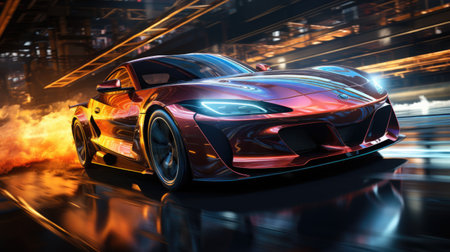 Fiery Supercar Racing in Dramatic Industrial Setting at Nightの素材